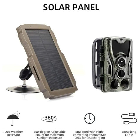 Top Shelf Rechargeable Solar Panel for Trail Cameras with 6V to 12V Compatibility beside a trail camera and 360-degree mount.