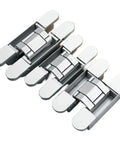 Slick Heavy Lift Invisible Door Hinges With Tight Adjustability For Outward Opening Wood Doors Providing A Clean Hidden Mount And No Drama Silver Finish Hardware Setup, showcasing four silver hinges.