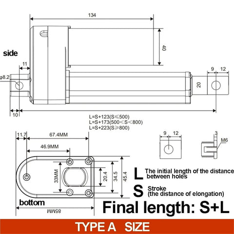 Technical diagram of Premium 24V Electric Linear Actuator Motor dimensions and specifications for installation.