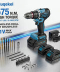 Premium Quality 21V Brushless Cordless Drill And Driver Kit with two batteries, charger, and drill bits on a metallic surface.