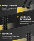 Close-up of One Inch Wood Screws 130 Piece Set Self Tapping Flat Head Phillips Black Carbon Steel with sharp point and high quality steel.