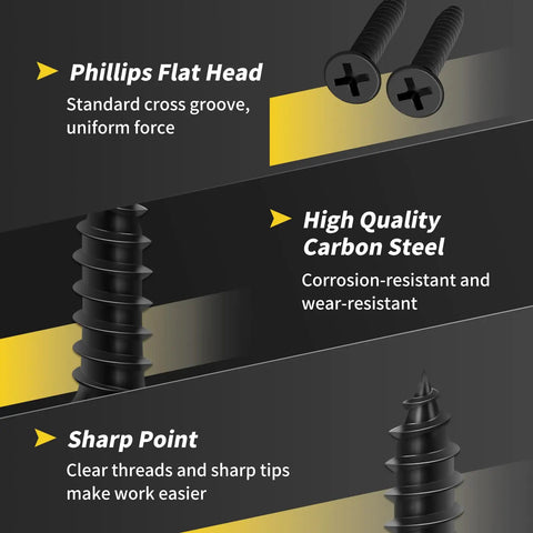 Close-up of One Inch Wood Screws 130 Piece Set Self Tapping Flat Head Phillips Black Carbon Steel with sharp point and high quality steel.