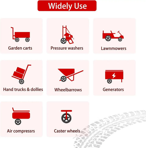 Image showcasing uses of 10 Inch Solid Tire And Wheel 4.10/3.50-4 Puncture Proof Cart Wheels for various equipment types.
