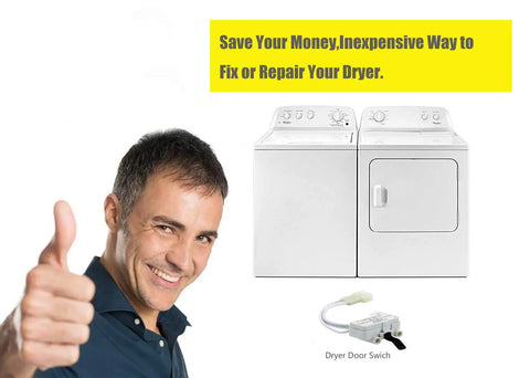 Man giving thumbs up next to Whirlpool and Maytag dryers and Door Switch Replacement For Whirlpool And Maytag Dryers Replaces 3406107 3406109 3405100 3405101 3406100 3406101 Easy Install DIY Friendly Durable Part That Keeps Your Dryer Running