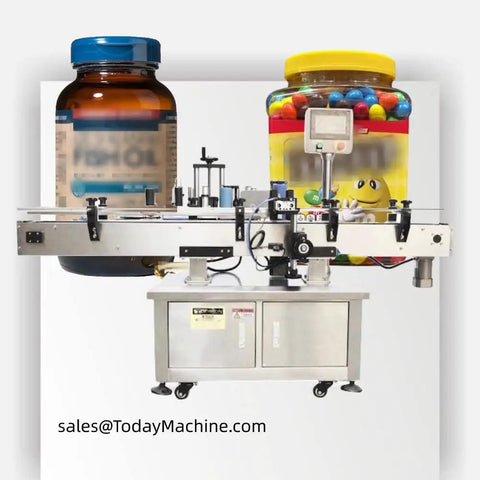 Heavy Duty Automatic Label Applicator Delivering Dead On Accuracy For Round Bottles Beer Cans Plastic Tubes And Flat Stickers in action with jars.
