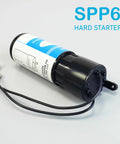 SPP6 hard start capacitor designed to boost compressor torque by five hundred percent for AC motors and RV refrigerators.