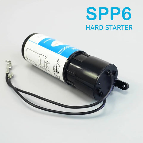 SPP6 hard start capacitor designed to boost compressor torque by five hundred percent for AC motors and RV refrigerators.