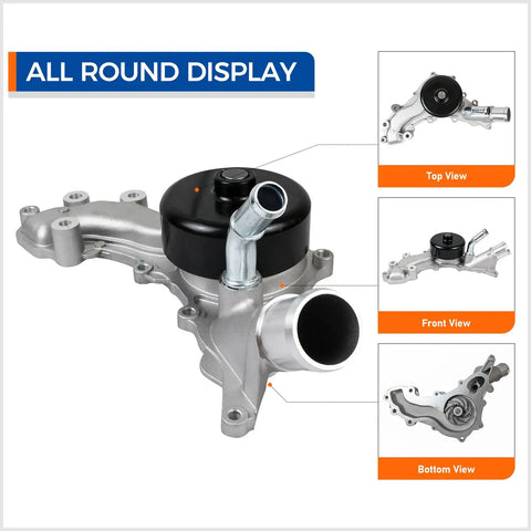 Rock Solid AW6169 Engine Water Pump Replacement for 3.6L V6 Engines top, front, and bottom views displayed.
