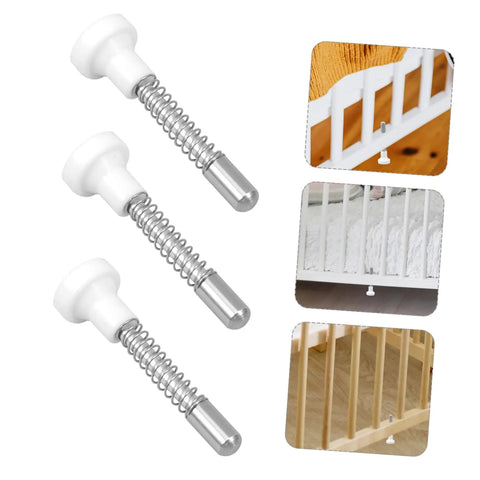 Four Pack Crib Latch Window Screen Pin Set Spring Loaded Bed Latches Window Screen Repair Kit shown on small crib