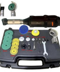 Knockout Compact Angle Grinder With A Solid 90 Degree Elbow Head For Tough Cutting Grinding And Polishing In Tight Squeezes Backed By Reliable Dual Voltage Muscle with accessories and attachments.