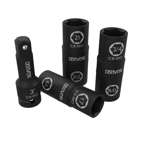 Impact Socket Set With Flip Side Duo End Design For Lug Nuts Six Sizes Including 17mm 19mm 21mm Three Quarter Inch Thirteen Sixteenths Inch Seven Eighths Inch And Three Inch Extension Bar Chromoly Steel Heavy Duty