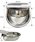 Built Like A Tank Automatic Water Trough With Float Valve For Dogs Cattle Horses And Goats Rustproof Stainless Steel Pet Drinking Bowl dimensions showing top and side views.