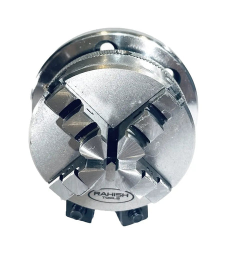 Close-up of 65mm Four Jaw Self Centering Chuck M14x1 Thread With Back Plate And T Nuts for rotary tables and milling machines.