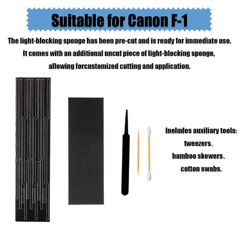 Self Adhesive Light Proof Sponge Kit with tools for Canon F1 includes pre-cut light seal foam strips and application aids.