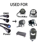 Tough As Nails Ip65 Waterproof Power Extension Cord With Three Pin Connectors For Outdoor Stage Lighting Par Lamps And Rigging Runs One Meter AWG Wire setup for DMX and power connections.