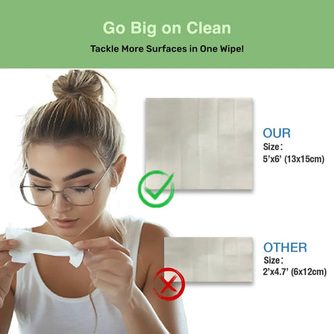 SOLWST Optix Lens Cleaning Wipes, 200 pre-moistened; person cleans glasses; size comparison: our 5x6 in vs other 2x4.7 in.