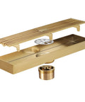 Heavy Duty Rectangular Shower Drain Tile Insert Grate Stainless Steel Removable Hair Catcher Filter Straight Shot High Flow Anti Clogging Brushed Gold Bathroom Floor Drain No Fuss Setup view with removable grate and filter.