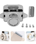 Push Button Latch Three Pack For Campervan Cabinets And Drawers Easy Press Release Cabinet Lock Kit shown with screws and components
