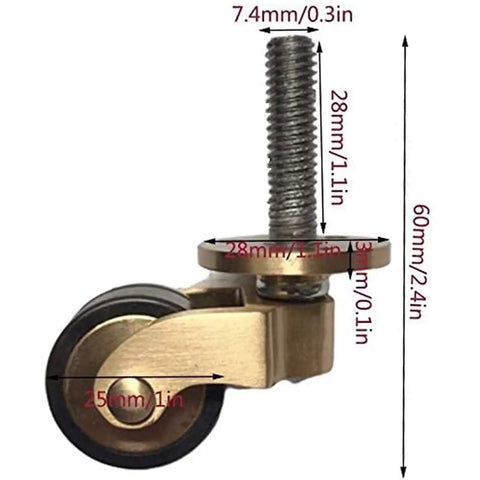 Built Ridiculous Solid Brass Casters, 1 Inch Swivel Wheel Casters With Heavy Duty Screw Stem close-up view with measurements.