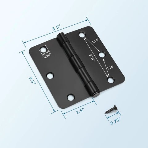 Heavy Duty Matte Black Square Door Hinges 3.5 Inch Rust Proof Coating 18 Pack measuring 3.5 inches with detailed dimensions.