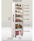 Product size chart for Seven Tier Narrow Rolling Cart With Slick Casters Fits Snug In Tight Kitchen Corners, showing dimensions.