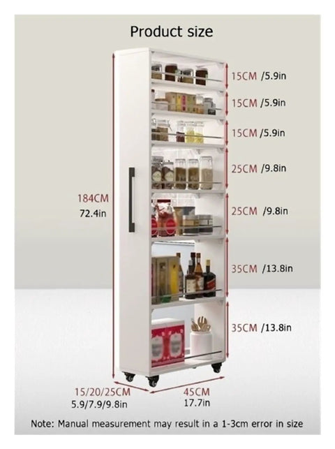 Product size chart for Seven Tier Narrow Rolling Cart With Slick Casters Fits Snug In Tight Kitchen Corners, showing dimensions.