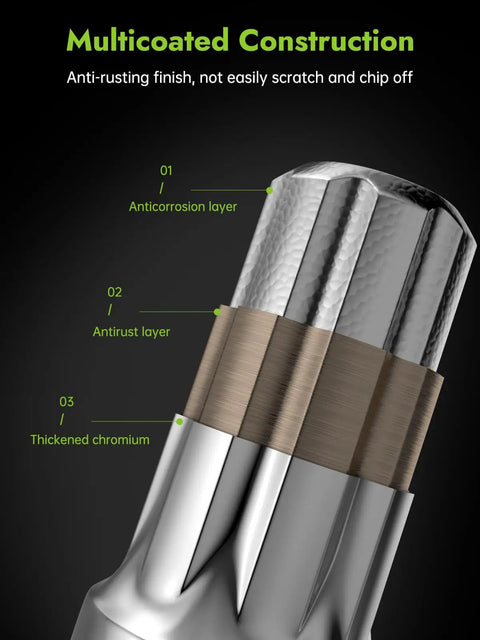 Built Different Chrome Spline Lug Nuts With M14x1.5 Thread and 60 Degree Tapered Seat For Trucks and Suv Includes Socket showing multicoated construction with anti-rust finish.