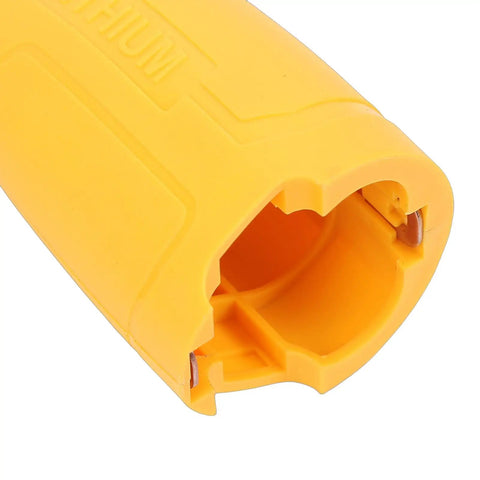 Rugged Cordless Drill Driver Set With A Hassle Free 3 8 Inch Keyless Chuck and Serious Torque, close-up of yellow battery casing.