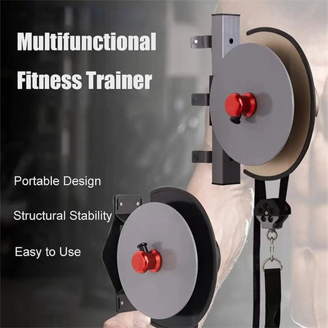 Wall Mounted Flywheel Trainer With Variable Resistance And Auto Retracting Band For Full Body Strength Workouts and Home Gym setup showing detailed device with red knob.