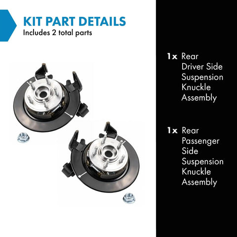 Professional Grade Complete Rear Wheel Bearing And Hub Assembly With Suspension Knuckle Pair showing driver and passenger side assemblies.