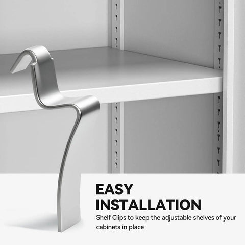 16 Pack Tough As Nails Metal S Clips For Cabinet Shelving Heavy Duty Adjustable Shelf Brackets shown on a white shelf.