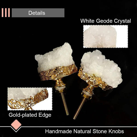 Set Of Natural White Quartz Geode Cabinet Knobs With Gold Plated Drawer Pulls Unique Irregular Crystal Stone Hardware total of two knobs with gold edges.
