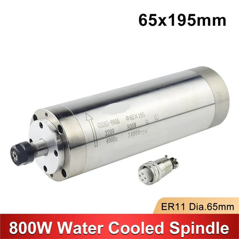 Pro Grade 800 Watt Water Cooled Spindle Motor ER11 Collet 65 mm By 195 mm with electrical connections and metal casing.