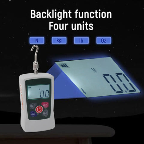 Professional Grade Mini Digital Force Gauge showing backlight display and hook, measuring 50 to 500 N.