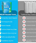 Front view of GLIMGLINT 100-pack blue microfiber cleaning cloth box beside traditional shop towel roll.