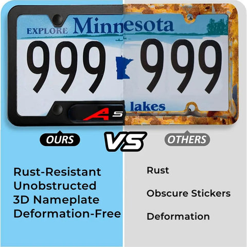 Comparison of Two Pack Premium Aluminum Alloy License Plate Frame Set and a rusted frame on Minnesota plate.