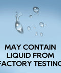 Water droplets with text 'May Contain Liquid From Factory Testing' on a blue background.