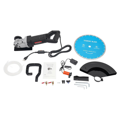 Heavy Duty Electric Concrete Saw Cutter With 3000 Watt Motor And Rugged Ab Diamond Blade For Smooth Corded Cement Masonry Wall Cutting And Professional Construction Work As A True Heavy Hitter components laid out on a white surface.