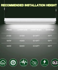 Diagram showing installation height for 4 Pack 300W LED Linear High Bay Shop Lights with motion sensor, 45000 lumens, 5000K daylight