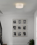 Three Light Drum Ceiling Light Fixture With Linen Fabric Shade Modern Farmhouse Flush Mount Round Lighting in a hallway setting