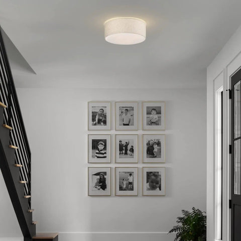 Three Light Drum Ceiling Light Fixture With Linen Fabric Shade Modern Farmhouse Flush Mount Round Lighting in a hallway setting