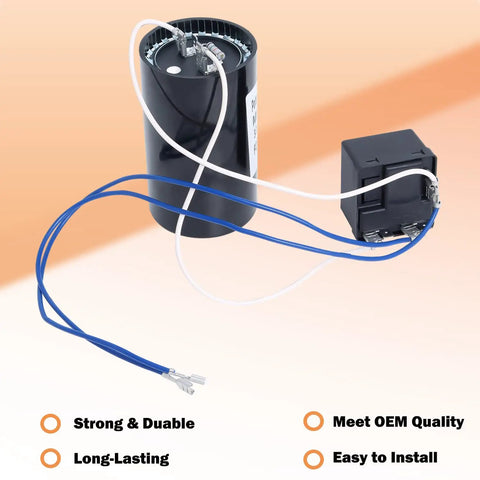 Get Your Compressor Crankin With This Heavy Duty Hard Start Kit For 3.5 To 5 Ton AC Refrigeration And Heat Pump Units Boosts Startup Torque On Single Phase 208 230 265 Volt Air Conditioning Systems Quick Swap Replacement For Rector 96506, showing a black capacitor with wires.