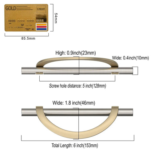 10 Pack Brushed Satin Nickel And Gold Cabinet Pulls With 5 Inch Hole Centers showing dimensions and design details, ideal for kitchen drawers.