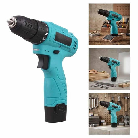 Heavy Duty 12V Cordless Drill Driver With Solid Metal Body And 25 Plus 1 Torque Settings For Hassle Free Diy Fixes and furniture assembly shown from multiple angles.