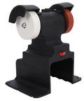 Cordless Mini Bench Grinder Battery Powered With Heavy Duty Copper Motor And Dual Grinding Stones built different tool with a black stand and grinding wheels.