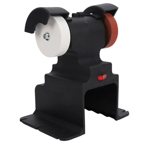 Cordless Mini Bench Grinder With Dual Grinding Discs And Kickass Copper Motor For Heavy Metalworking and Smooth Sharpening Zero Plug Hassle Portable Power Tool with white and red discs.
