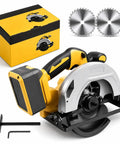 Real Deal Cordless Circular Saw With Brushless Motor And Seven Quarter Inch Blade featuring a yellow and silver design with extra blades.