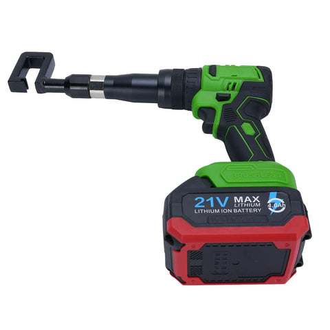 Effortless 21V Cordless Keel Pliers With 360 Rotating Head For Steel Stud Framing And Drywall Includes Heavy Duty Battery For Power Punching And Riveting On Any Gig, showing battery and handle detail.