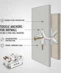 Diagram showing 50 Pack Drywall Toggle Anchors With Screws For Hollow Walls installed in gypsum board for secure hold