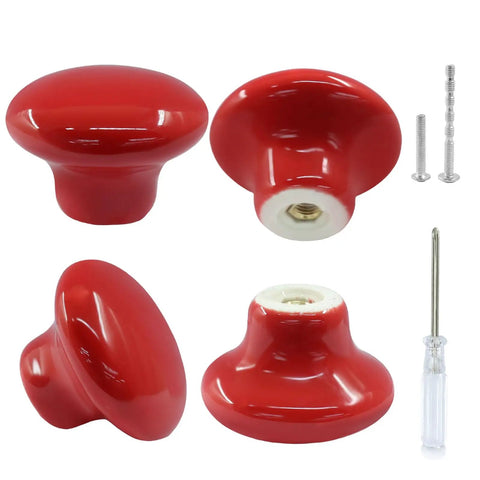 Bold Red Ceramic Cabinet Knobs Set Featuring No Sweat Installation And Top Notch Durability For An Instant Kitchen Glow Up And Quick Drawer Fix Including Premium Fasteners And Driver Ready For Your Next Weekend DIY Project Today, showing top view and fasteners.